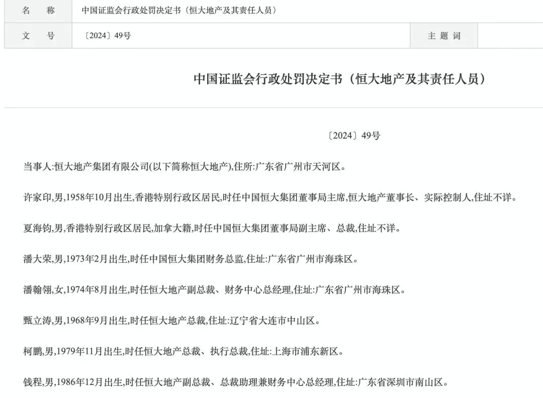 证监会行政处罚决定书（恒大地产及其责任人员）